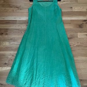 Eileen Fisher Kelly Green linen dress with beautiful threaded embellishment